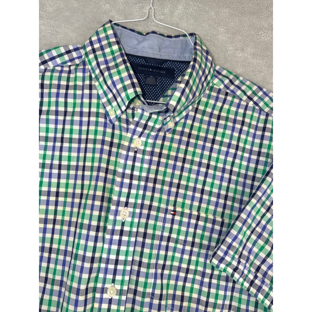 Tommy Hilfiger Mens Medium Green Blue Plaid Short Sleeve Button Down Shirt